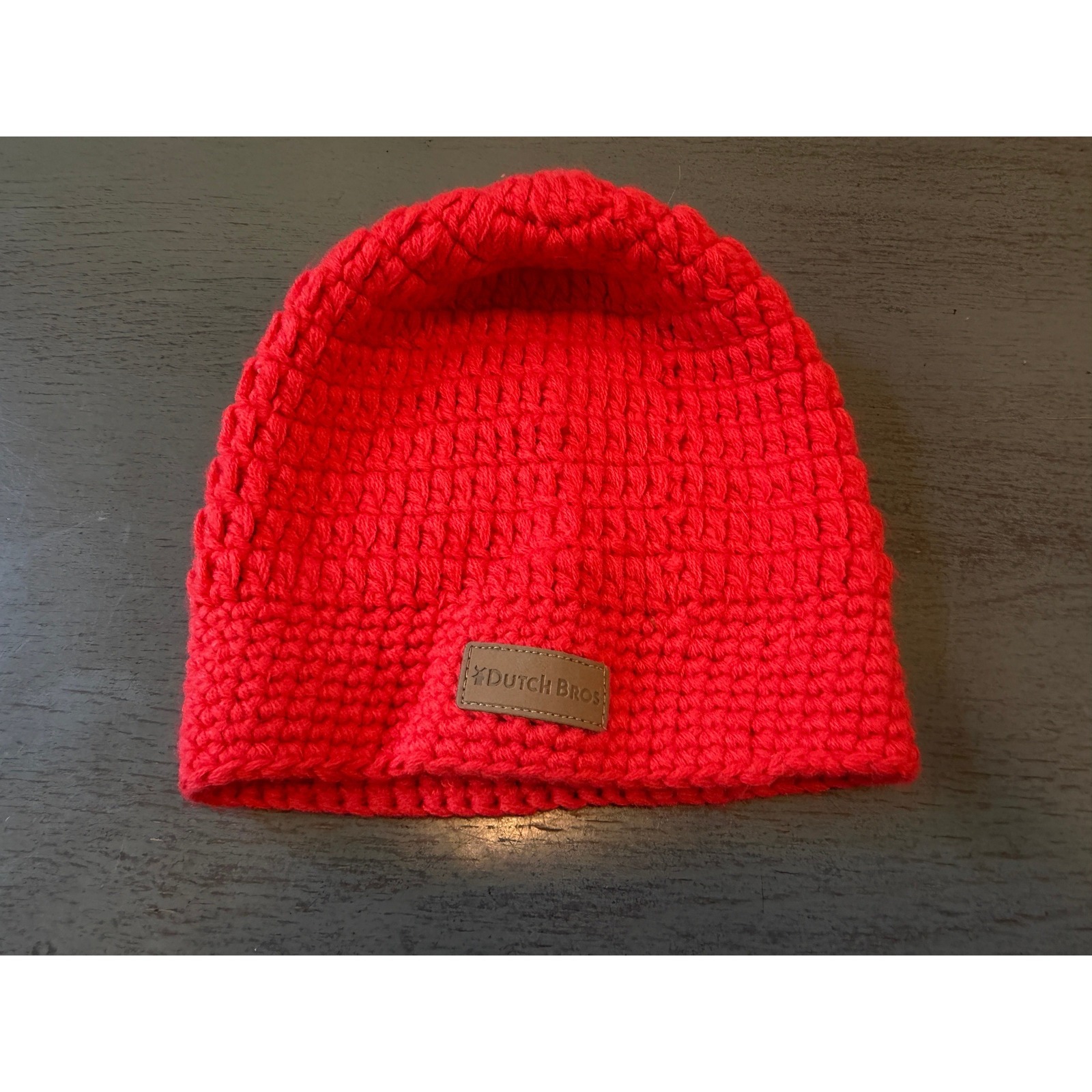 Dutch Bros Coffee Red Crochet Knit Beanie Hat Slouchy Logo Patch Winter Cap